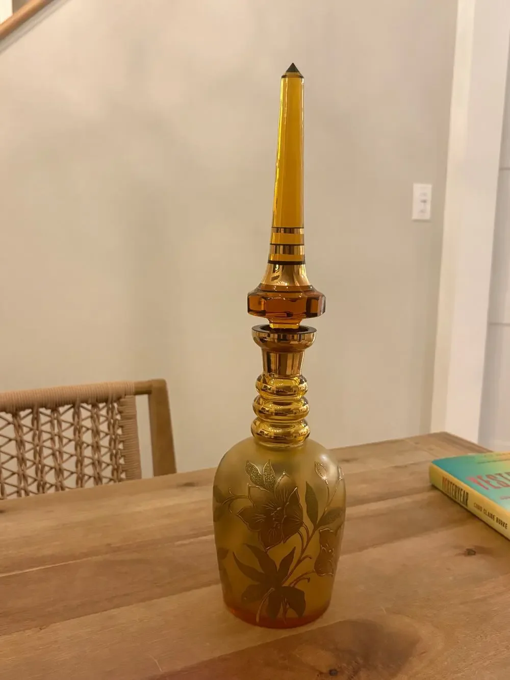 Vintage MOSER Large Decanter Art Nouveau tall stopper 19” Gold Floral 60s